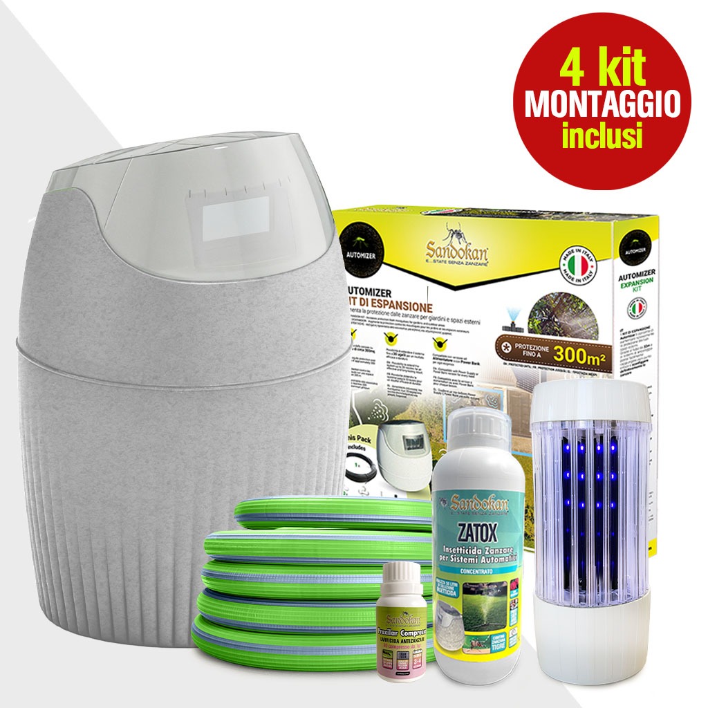 kit automizer 40 litri con insetticida, larvicida, elettroinsetticida e tubo omaggio